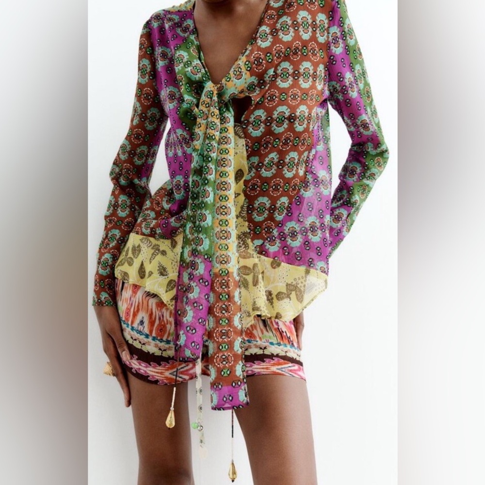 Zara Green and Orange Patterned Top Beaded Size XS